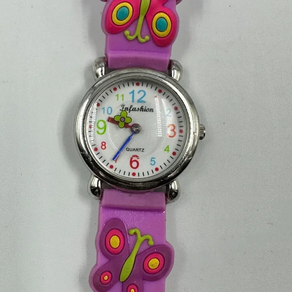 3/$30 Butterfly Watch Girls Silver Tone White Dial Purple Silicone Watch